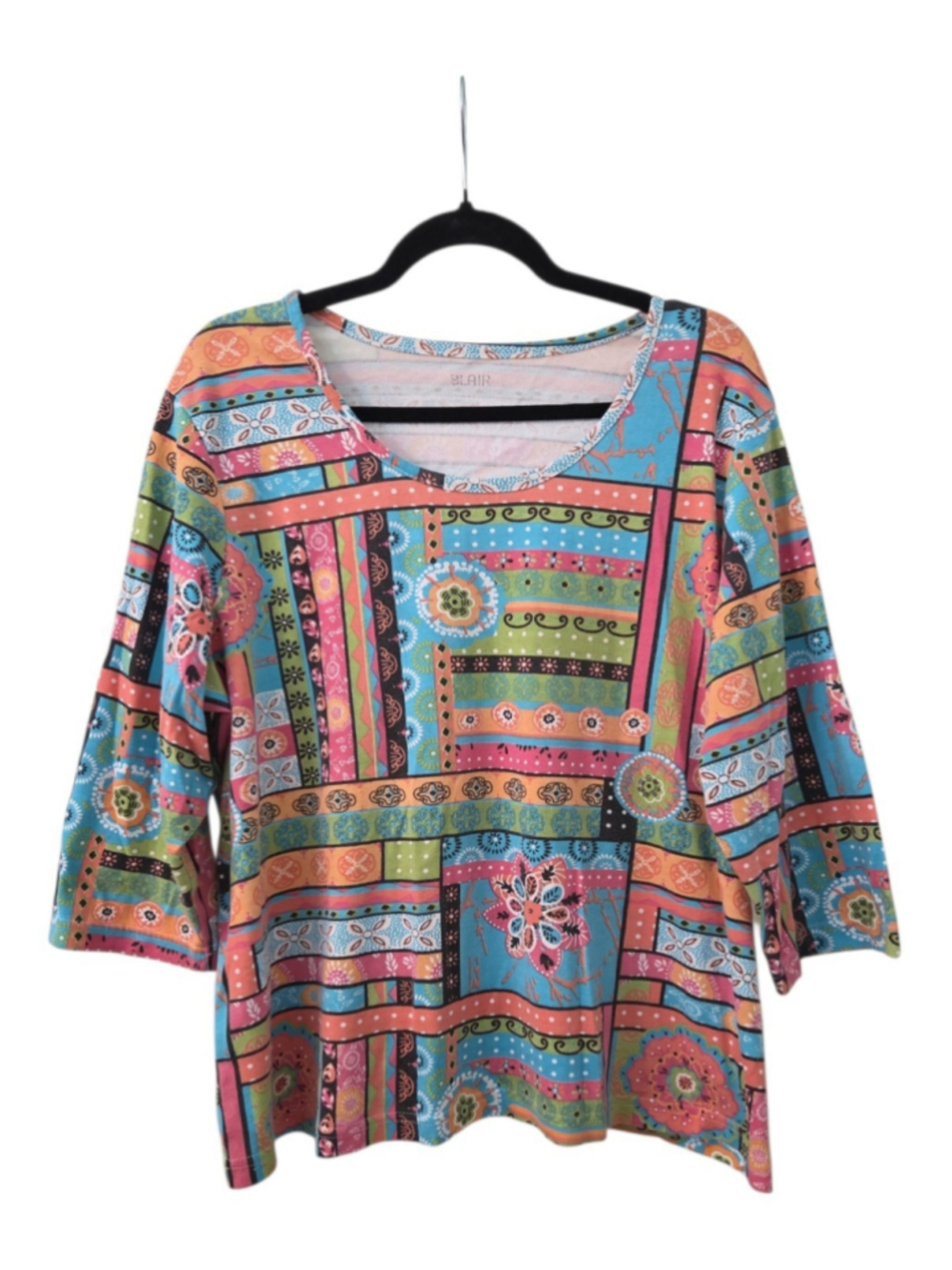 Blair Womens 2XL Patchwork Boho 3/4 Sleeve Top Multi-Color
